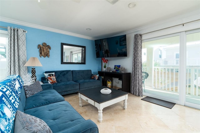 tiled living room with crown molding