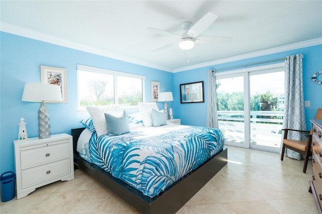 bedroom with ornamental molding, access to exterior, and ceiling fan