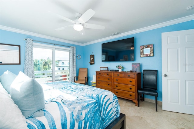 bedroom with ornamental molding and ceiling fan