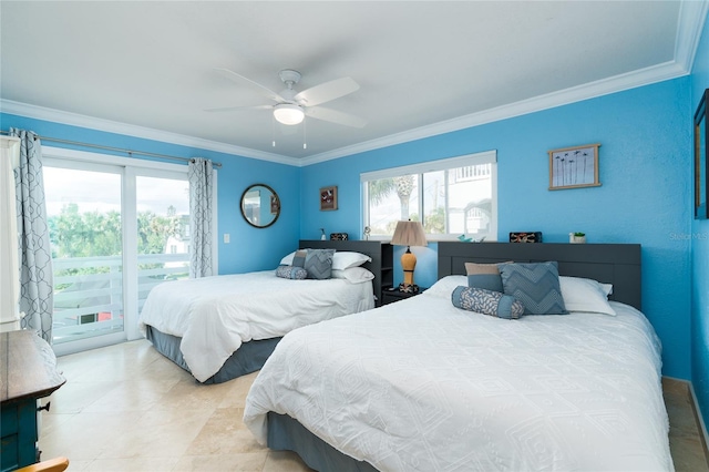 bedroom with access to exterior, crown molding, and ceiling fan