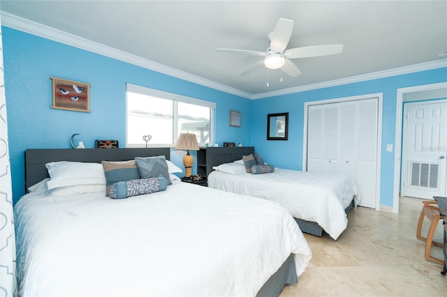 bedroom with ornamental molding and ceiling fan