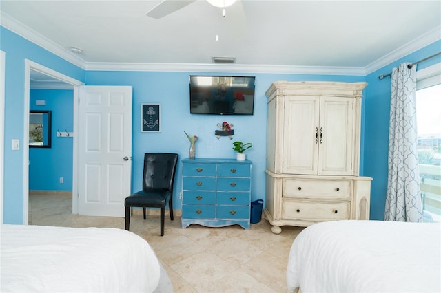 bedroom with crown molding, light tile patterned floors, and ceiling fan