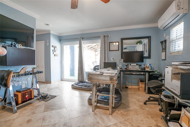 office space with plenty of natural light, ornamental molding, and an AC wall unit