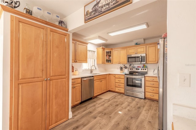 kitchen featuring sink, light hardwood / wood-style flooring, stainless steel appliances, and light brown cabinets