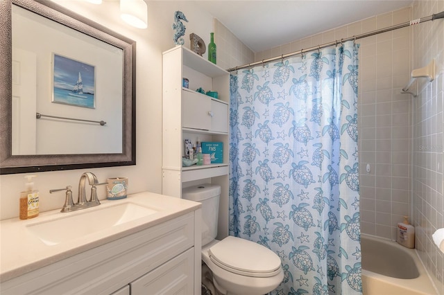 full bathroom featuring shower / bath combination with curtain, vanity, and toilet