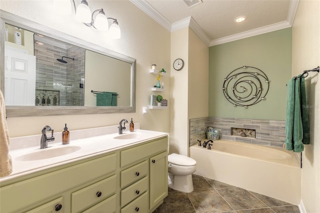 full bathroom featuring shower with separate bathtub, vanity, toilet, crown molding, and a textured ceiling