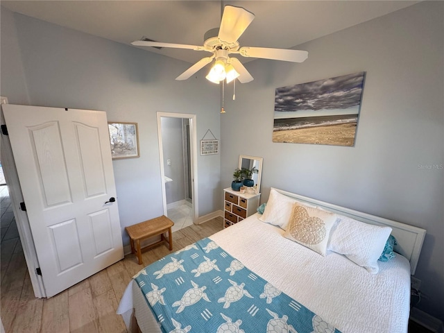 bedroom featuring ceiling fan and light wood-type flooring