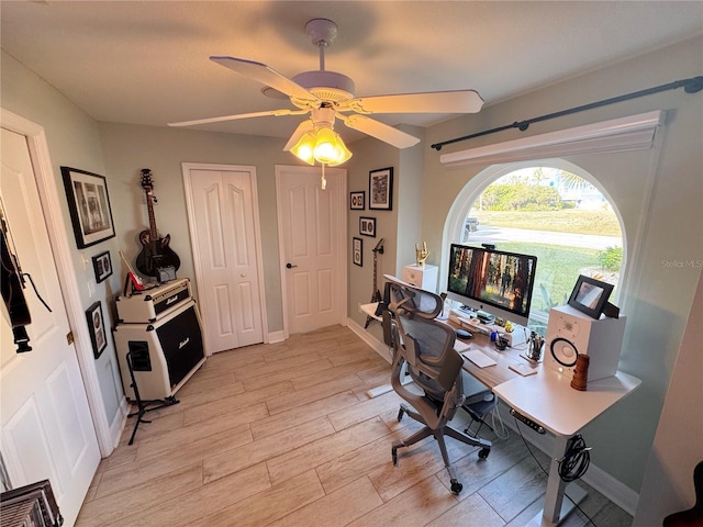 office with ceiling fan and light wood-type flooring