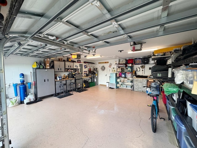 garage with a garage door opener and a workshop area