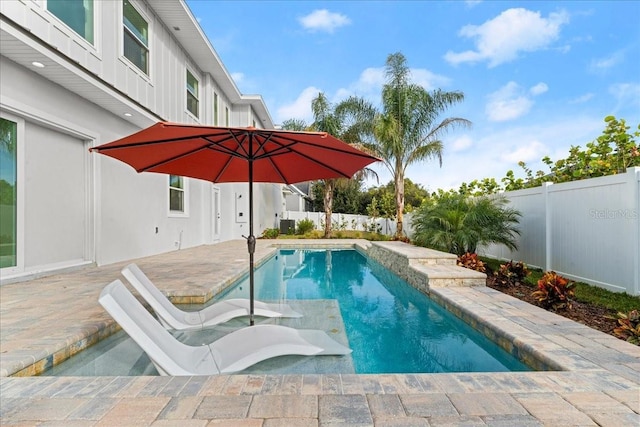 view of pool with a fenced backyard, a fenced in pool, and a patio