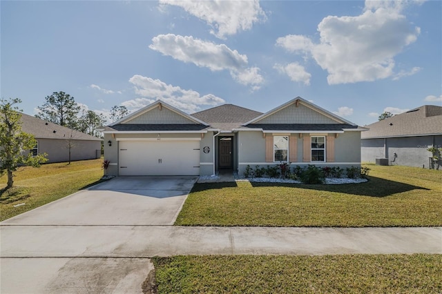 view of front of property with central AC unit, a garage, driveway, stucco siding, and a front yard