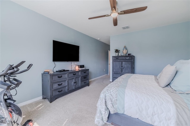 bedroom featuring light carpet, baseboards, visible vents, and ceiling fan