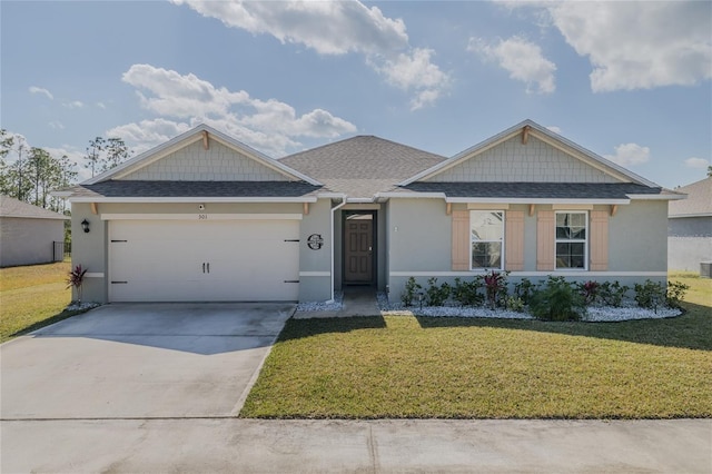 301 Sunset Point Dr, Ormond Beach, FL 32174 - view of front facade featuring an attached garage, driveway, roof with shingles, stucco siding, and a front lawn