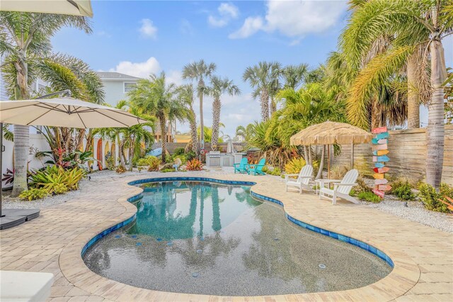 view of swimming pool with a patio area