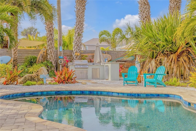 view of swimming pool featuring area for grilling and a patio area