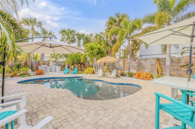 view of pool with area for grilling and a patio area