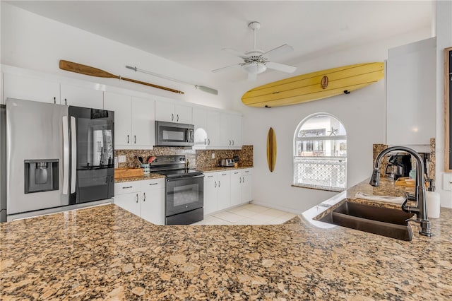 kitchen featuring tasteful backsplash, stainless steel appliances, sink, and white cabinets