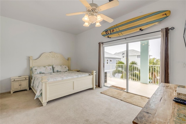 bedroom featuring light carpet, access to outside, and ceiling fan