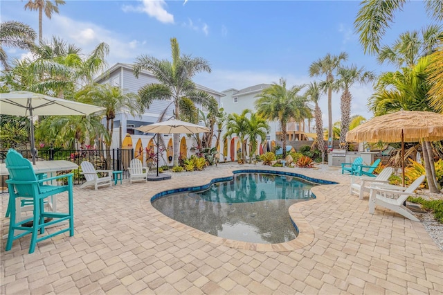 view of swimming pool featuring a patio area