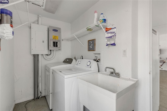 laundry area featuring electric panel, sink, and washing machine and dryer