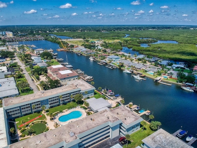 birds eye view of property featuring a water view