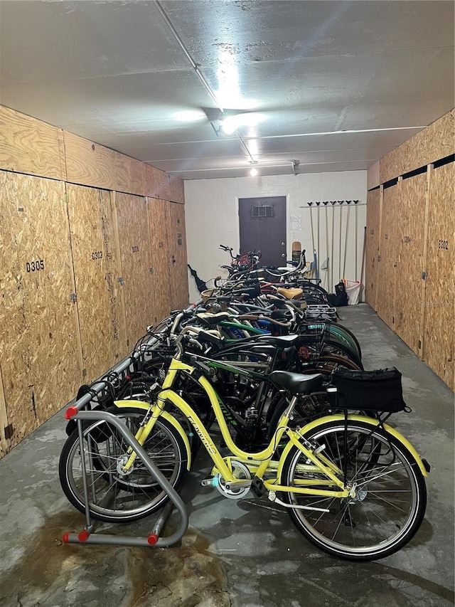 garage featuring wooden walls