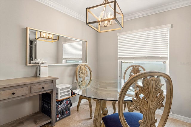 dining area with light tile patterned flooring, crown molding, a notable chandelier, and baseboards