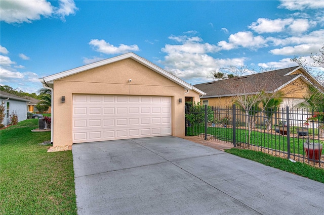 view of front of house with a garage, a front yard, fence, and stucco siding