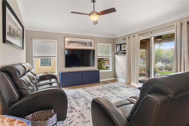 living room featuring a ceiling fan, crown molding, baseboards, and wood finished floors