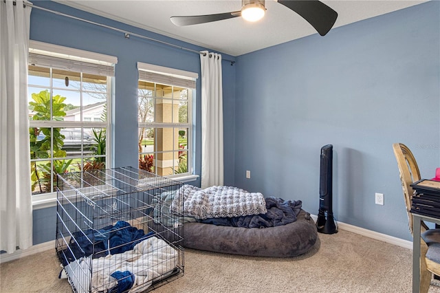 living area featuring carpet floors, ceiling fan, and baseboards