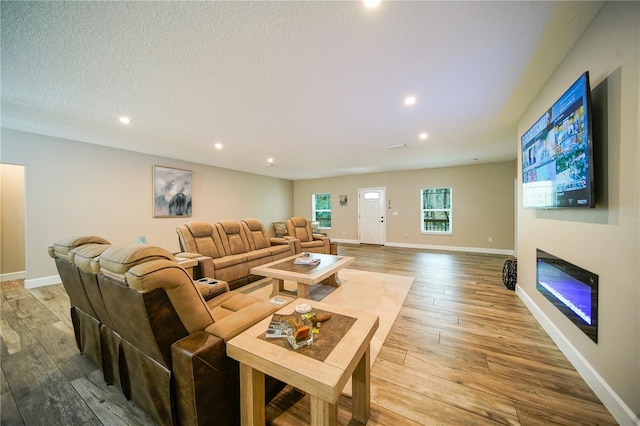 living room with hardwood / wood-style flooring and a textured ceiling