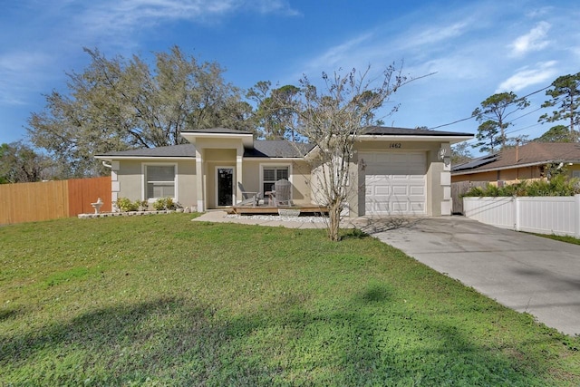 ranch-style house featuring concrete driveway, fence, an attached garage, and stucco siding