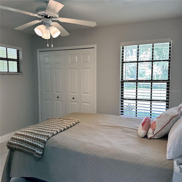 bedroom with ceiling fan and a closet