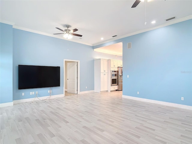 unfurnished living room featuring crown molding, light wood-type flooring, and ceiling fan