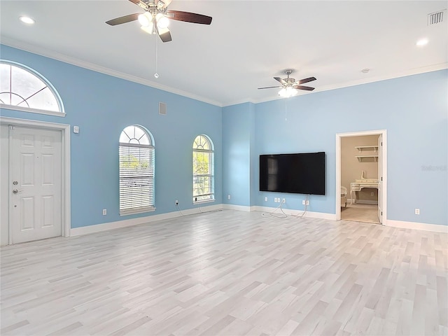 unfurnished living room featuring ornamental molding, light hardwood / wood-style floors, and ceiling fan