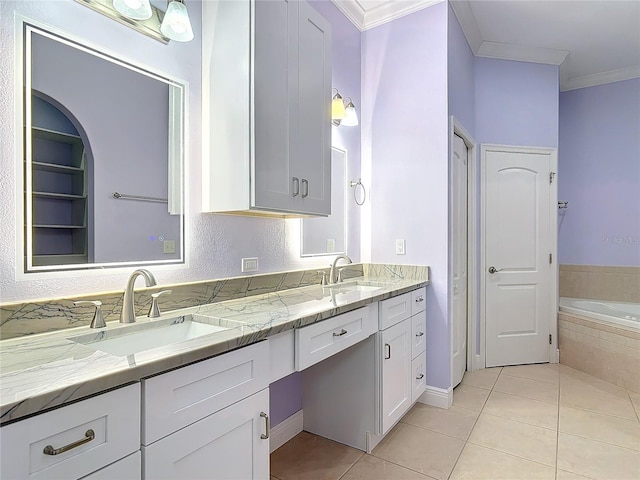 bathroom featuring ornamental molding, tiled bath, tile patterned floors, and vanity