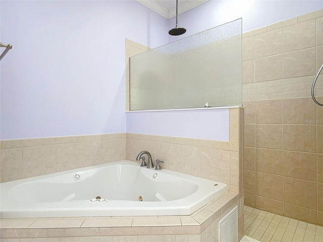 bathroom with crown molding and plus walk in shower