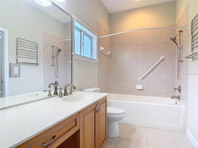 full bathroom with radiator, tiled shower / bath combo, vanity, tile patterned floors, and toilet