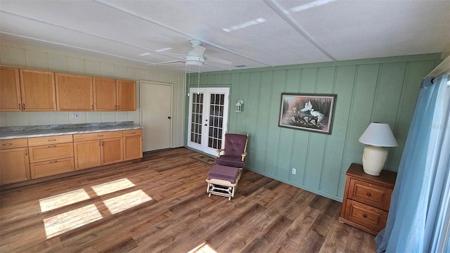 26 Birdie Dr, New Smyrna Beach, FL 32168 - kitchen featuring french doors, light countertops, ceiling fan, and wood finished floors