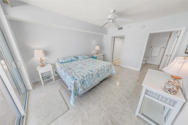 bedroom with ceiling fan and ensuite bathroom