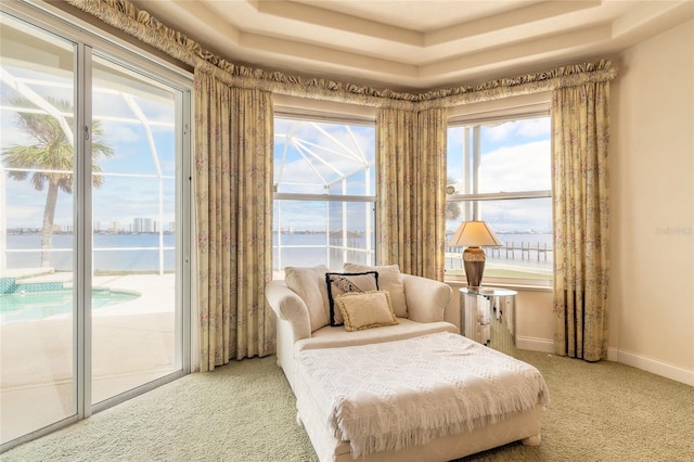 sitting room featuring a tray ceiling, a healthy amount of sunlight, and a water view