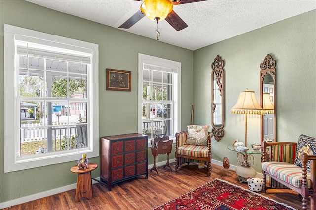 sitting room featuring dark wood-type flooring, a healthy amount of sunlight, a textured ceiling, and baseboards