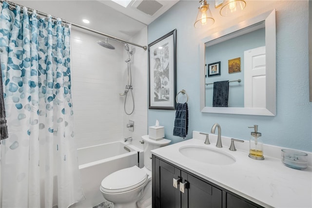 full bath with toilet, shower / tub combo, visible vents, and vanity