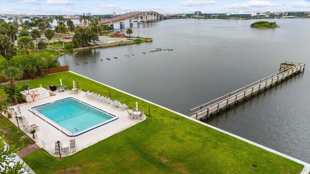 aerial view featuring a water view