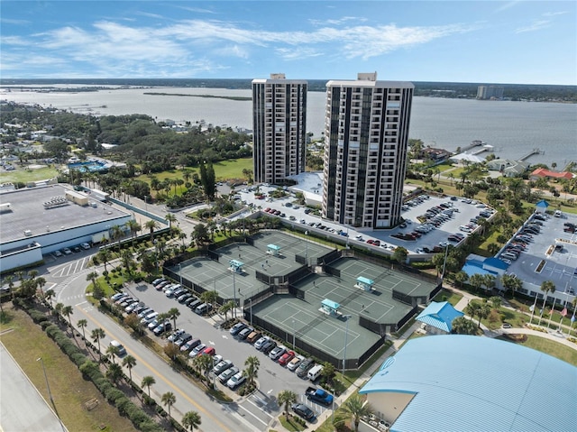 bird's eye view with a water view and a view of city