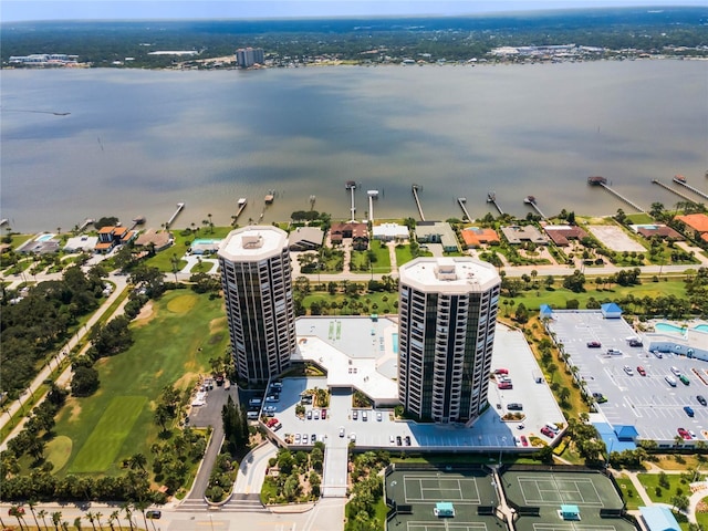 bird's eye view with a view of city and a water view