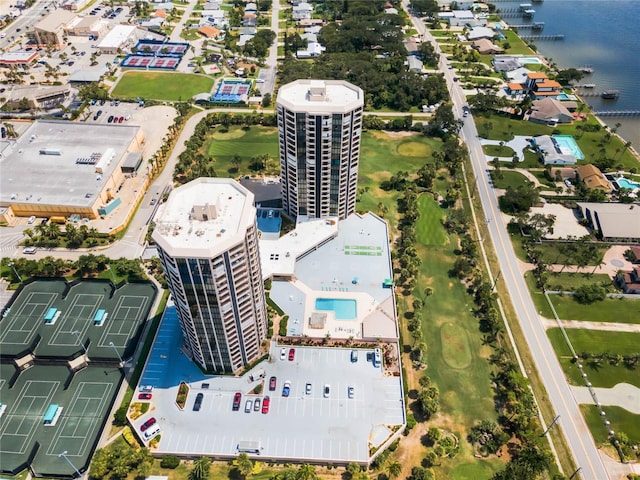 aerial view with a water view and a city view