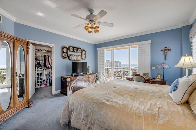 bedroom featuring carpet floors, a walk in closet, ornamental molding, a ceiling fan, and baseboards