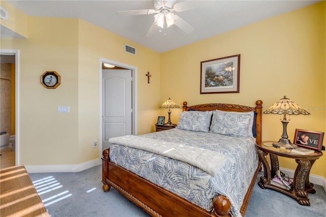 bedroom with a ceiling fan, carpet flooring, visible vents, and baseboards