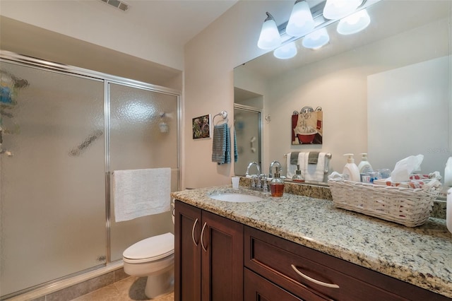 full bathroom with a stall shower, visible vents, toilet, tile patterned floors, and vanity